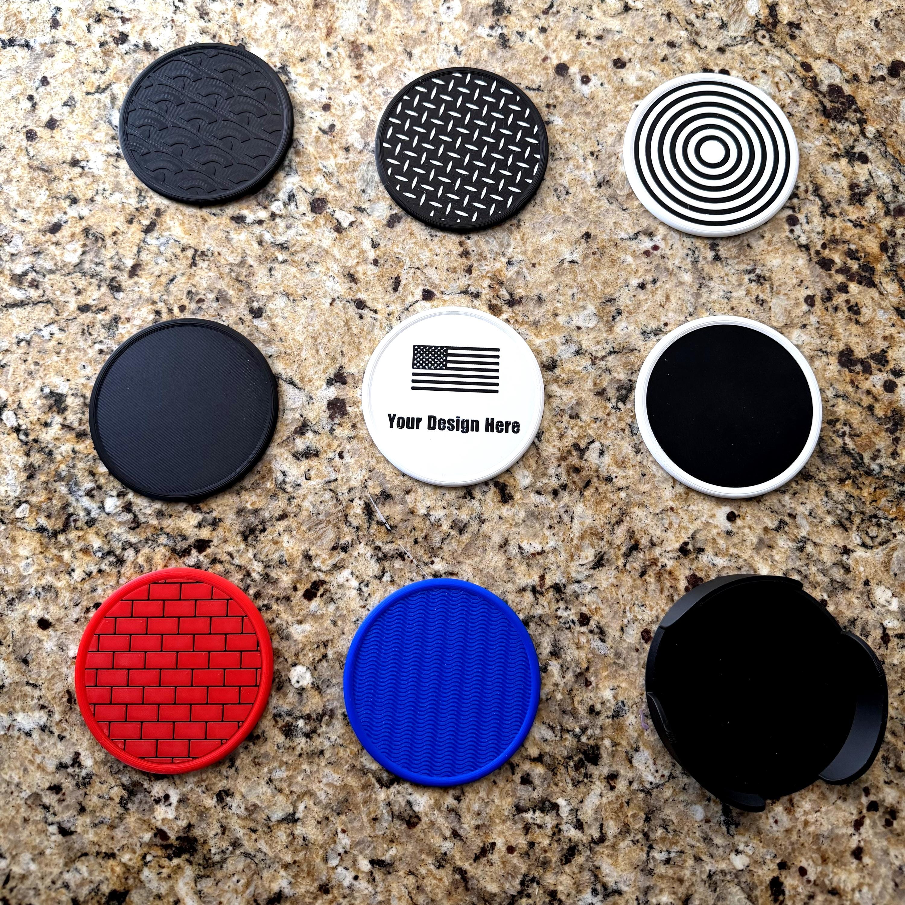 Set of four 3D printed textured coasters with matching holder