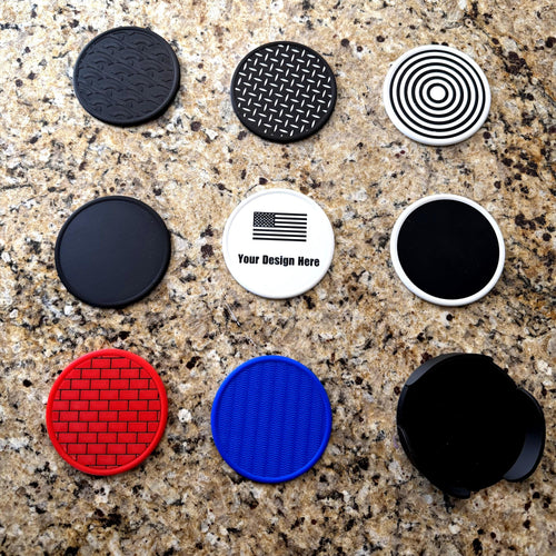 Set of four 3D printed textured coasters with matching holder