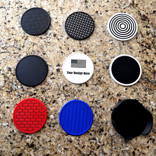 Set of four 3D printed textured coasters with matching holder