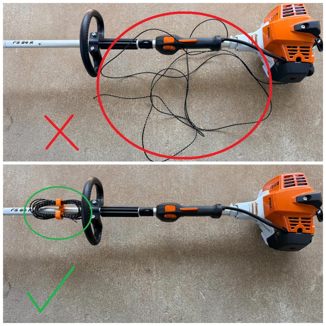 Black weed eater string holder with coil of trimmer line